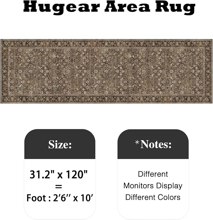 HUGEAR 2'6''x10 Runner Rug Machine Washable Brown Hallway Area Rug Indoor Accent Rug Floral Low Pile Carpet Soft Throw Rug Bedroom Living Room Office Dining Room Kitchen Laundry Room Non Slip