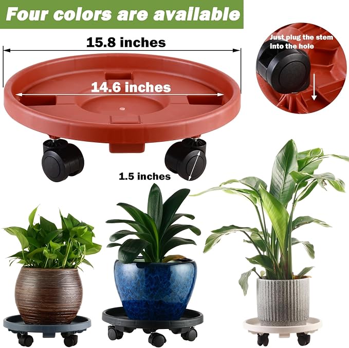 5 Pakcs Large Plant Caddy with Wheels 15.8" Rolling Plant Stands Heavy-duty Plastic Plant Roller Base Pot Movers Plant Saucer on Wheels Indoor Outdoor Plant Dolly with Caster Tray Coaster Red