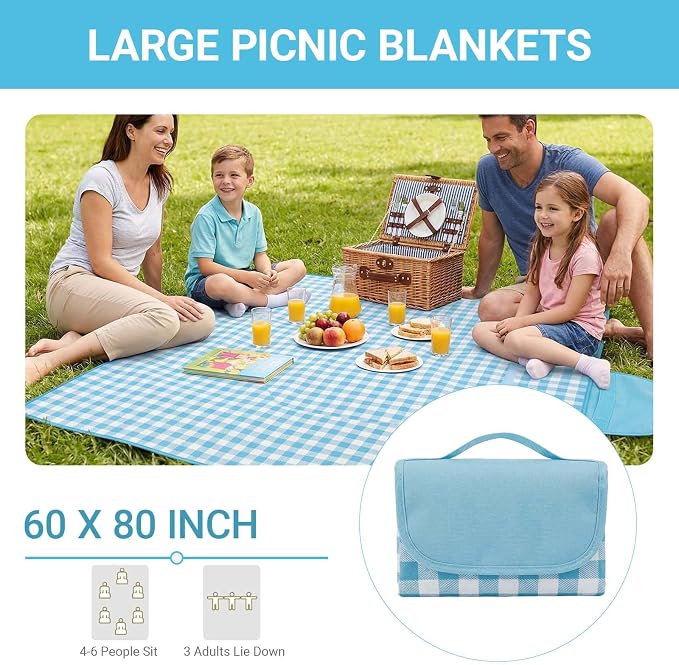 Waterproof Foldable Picnic Blanket Outdoor with Carry Strap,80"X60" Extra Large Beach Blanket Sandproof,Portable Soft Gingham Picnic Mat for Camping Travel Hiking Family Concerts Park(Blue)