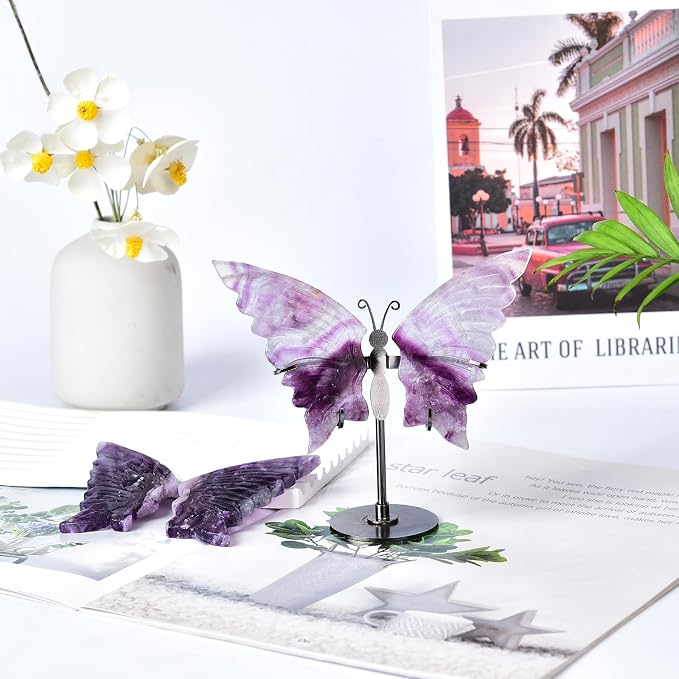 JIC Gem Purple Fluorite Crystals and Stones Crystal Butterfly Art Angel Wings Sculpture Carving,Healing Crystal Ornaments Energy Decorative Stone Reiki Gifts (1pair, 10cm)