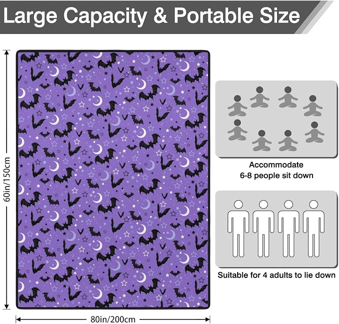 Halloween Bat Picnic Blankets Waterproof Foldable, 60’‘x80'' Portable Outdoor Picnic Mat Water Resistant for Grass, Padded Lawn & Park Blanket for Camping,Hiking