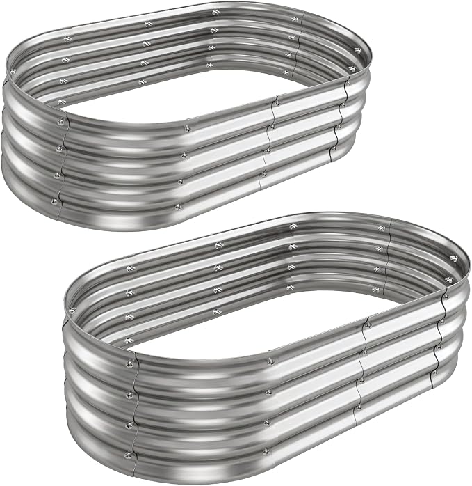 Galvanized Oval Raised Garden Bed, 4 x 2 x 1 ft 2-Pack, Metal Planter Box with Open Base. DIY Outdoor Gardening Kit for Backyard & Patio, Ideal for Vegetables, Flowers & Herbs, Silver