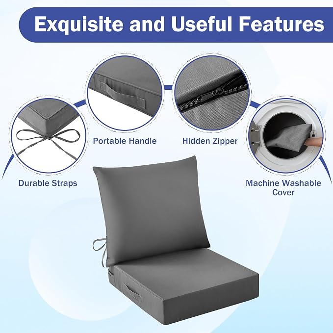Outdoor Chair Cushions, 24 x 24 Inch Outdoor Cushion for Patio Furniture, Patio Chair Cushion, Waterproof & Fade Resistant Deep Patio Furniture Cushions Set with Handle and Ties, Dark Grey (Set of 2)