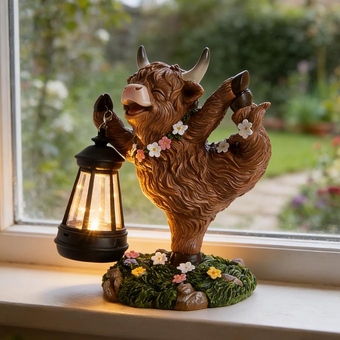 WDS WONDROUS Solar Highland Cow Outdoor Decor with LED Light, Garden Cow Decorations for Home with Flowers, Resin Highland Cow Figurine Gifts for Women Yard Decor Porch Patio Balcony Farmhouse