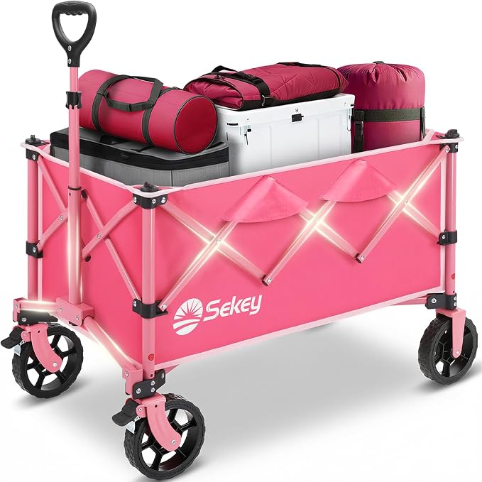 Sekey Collapsible Foldable Wagon with 300lbs Weight Capacity, Heavy Duty Folding Wagon Cart with Big All-Terrain Wheels.Pink