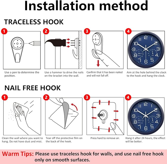 12 Inch Analog Wall Clock with Temperature and Humidity, Battery Operated Non-Ticking Silent Tempered Glass Large Numbers Clocks for Living Room Bedroom Office Kitchen Farmhouse Outdoor, Blue