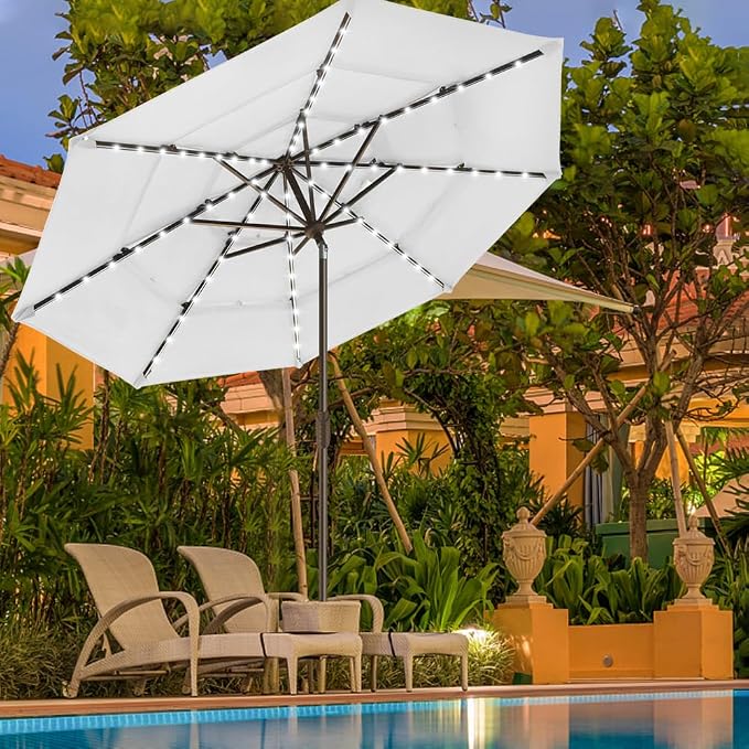 EliteShade USA 10-Year-Non-Fading 9ft 3-Tier Market Patio Umbrella, Commercial Table Umbrella with 80 Solar LED Lights, Crank Open, Windproof & UPF 50+ UV Protection for Garden, Deck, Pool, Backyard, White