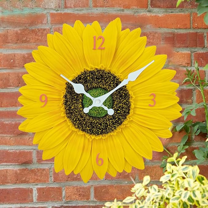 Outdoor Wall Clock for Garden, Patio and Deck, Sunflower 12in Garden Clock Waterproof Clocks -Not Silent (Sunflower)