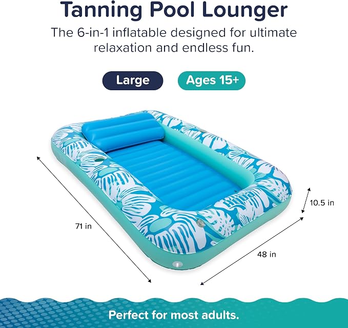 Aqua Inflatable Tanning Pool Lounger, Premium Pool Float with Cupholders and Removeable Pillow for Relaxation and Fun