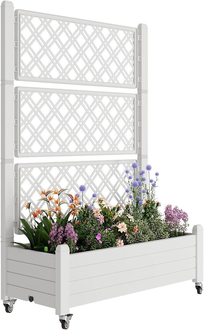 Resin Raised Garden Bed with Trellis and Wheels - Plasitc Planter Box with Trellis Outdoor with Drainage Holes & Water Monitor for Climbing Plants, Flower, Ashen(61.2" H)