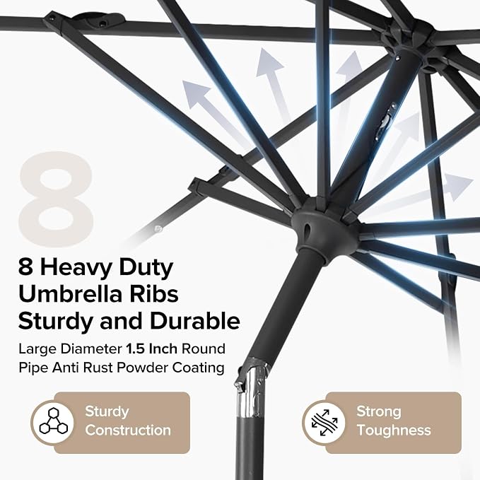 NEWBULIG 10ft Solar Patio Umbrella with 32 LED Lights, Table Market Umbrella with Tilt Adjustment & Crank Lift, Outdoor Sun Umbrella for Garden, Deck, Backyard, Pool and Beach
