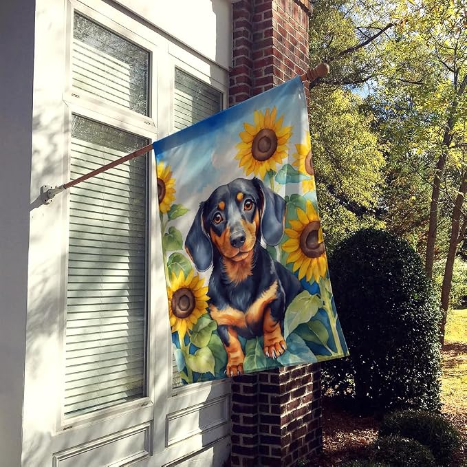 Caroline's Treasures DAC6066CHF Dachshund in Sunflowers House Flag Large Porch Sleeve Pole Decorative Outside Yard Banner Artwork Wall Hanging, Polyester, House Size, Multicolor