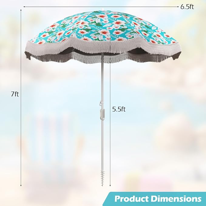 HAPPYGRILL 6.5 FT Outdoor Fringe Beach Umbrella, UPF50+ Sun Protection, Portable Sunshade with Carrying Bag, Push Button Tilt, Patio Tassel for Garden Lawn Poolside Table, Green