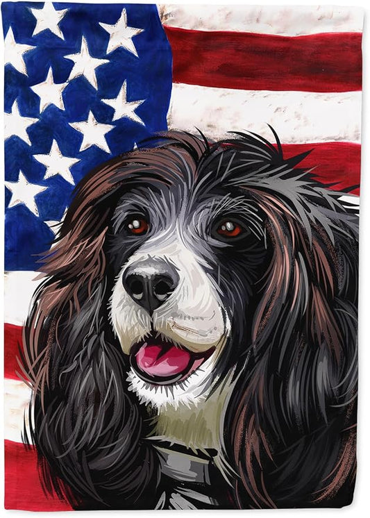 Caroline's Treasures CK6679CHF Russian Spaniel Dog American Flag House Flag Large Porch Sleeve Pole Decorative Outside Yard Banner Artwork Wall Hanging, Polyester, House Size, Multicolor