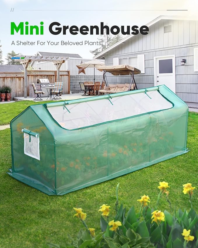 Quictent Mini Greenhouse, Portable Quick-Setup Small Tabletop Waterproof UV Protected PE Cover Shelter for Outdoors/Indoors W/ Raised Base for Garden Plant Seed Starting, 8 Stake, 95"x36"x36", Green