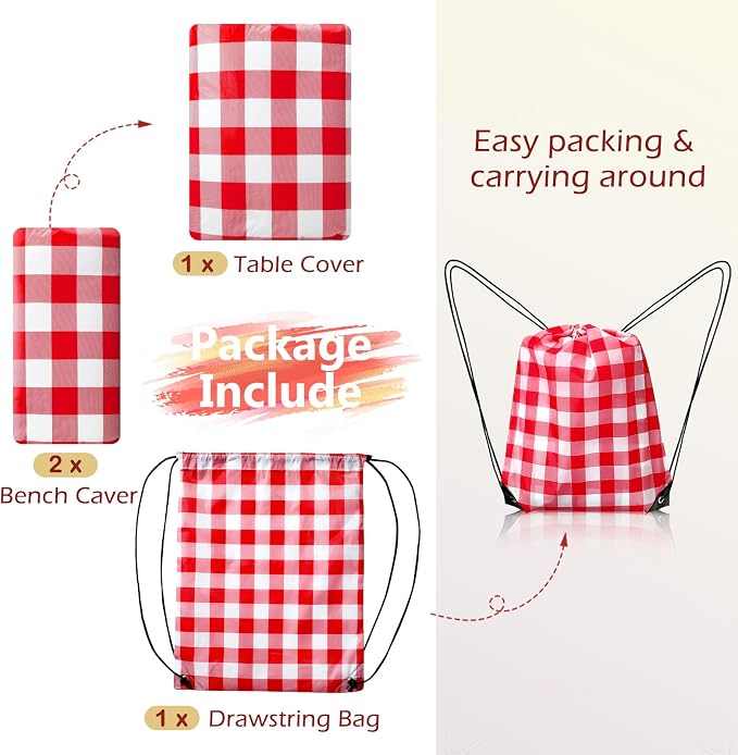 Picnic Table Cover with Bench Covers and Bag, Camping Table Camping Essentials Cover with Elastic Edges (Red)
