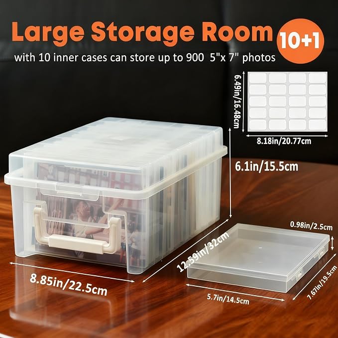 NINU Photo Storage Box 5 x 7 In Photo Case, 10 Inner Large Photo Keeper, Clear Photo Storage Container, Seed Craft Cards Pictures Organizer, Plastic Office Organizer with 1 Label Sticker