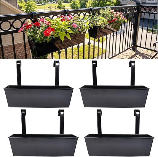 Outdoor Railing Hanging Planter Pot, 17" Metal Planter Pots for Plants, Fence Flower Pot for Porch Balcony with Detachable Hook & Drainage Hole (Rectangular-Black, Pack of 4)