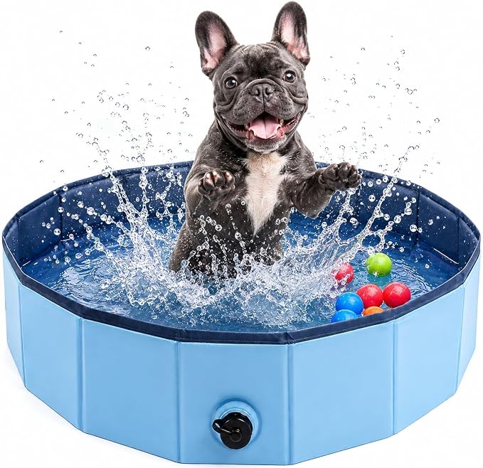 Eooqi Foldable Dog Pool, Collapsible Pet Bath Tub & Kiddie Wading Pool | Portable Hard-Side Dog Swimming Pool for Puppies, Small & Medium Dogs, Cats and Kids (Blue, 32"-S)