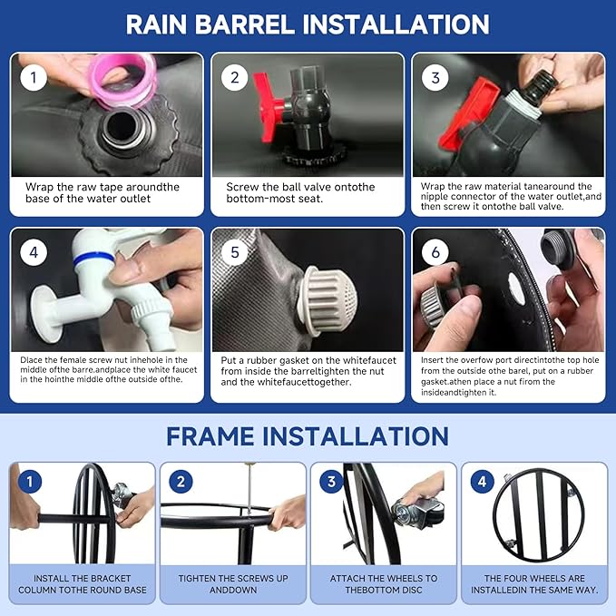 Outdoor Rainwater Collector, Mobile Portable, 50 Gallon, Black - Rainwater Collection Storage Container with Faucet, Mobile Frame, Strainer and Side Faucet
