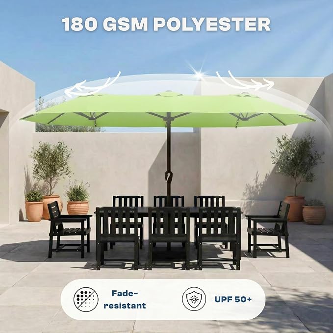 15FT Large Patio Umbrella with Base Included, Double Sided Outdoor Market Umbrella with Flexible Fiberglass Ribs, UV-Blocking Extra Large Umbrella for Garden, Pool, Deck, Apple Green