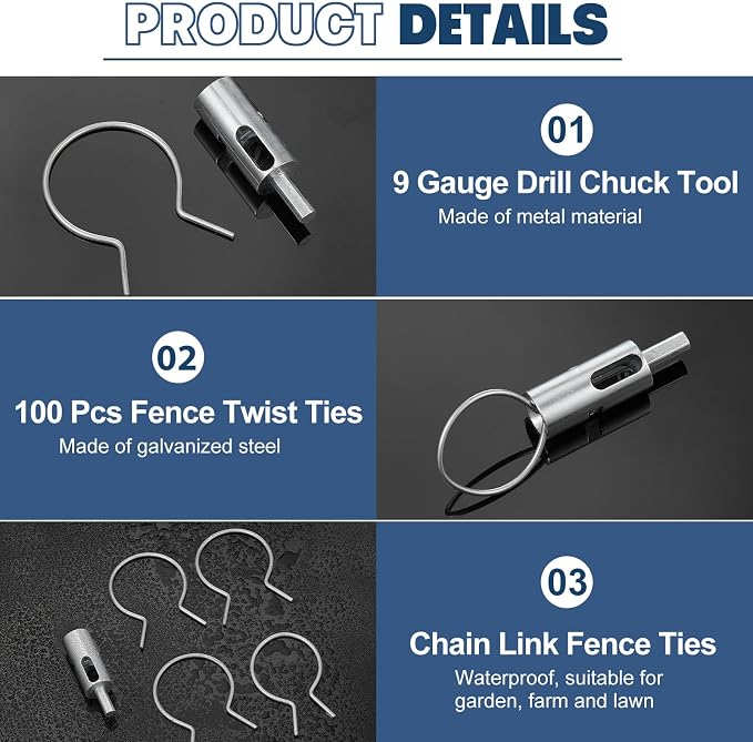 Twist Ties Tool for 9 Gauge Drill Chuck and 100 Pcs Chain Link Fence Ties 2 1/2" (2 3/8" OD) Galvanized Steel Fence Tie 9 Gauge for Garden Farm Fixing T-Posts Tools
