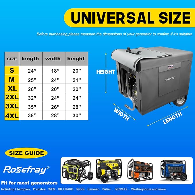 Generator Cover-32”Lx24”Wx24”H,600D Heavy Duty Waterproof, Small Outside Equipment Cover for Champion,Predator,WEN,BILT HARD,Ryobi,Generac,Westinghouse Portable Generator 5000-10000W-Gray/2XL