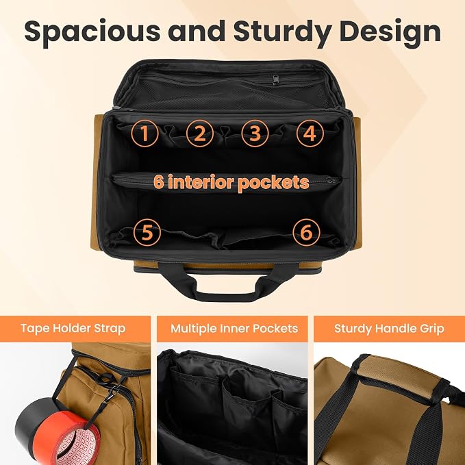 VJI Heavy Duty Tool Bag with Multi-Pockets, Portable Storage Bag with Large Zipper, Carrying Toolbag with Adjustable Shoulder Strap and Ergonomic Handle, Repairman, Carpenters, Handyman, Khaki
