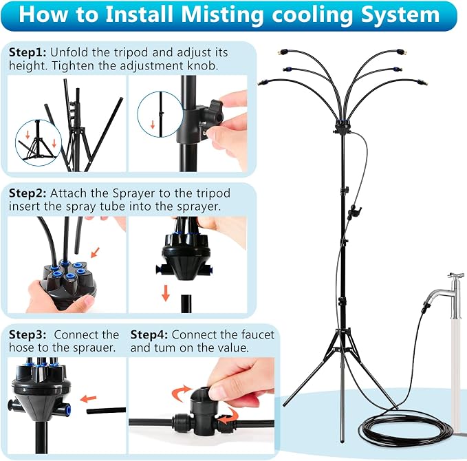 6-Nozzle Adjustable Standing Misters for Outside Patio - Stand Misting System for Cooling Outdoor Areas, Easy to Install & Maintain, Custom Coverage, Durable for Backyard Use.
