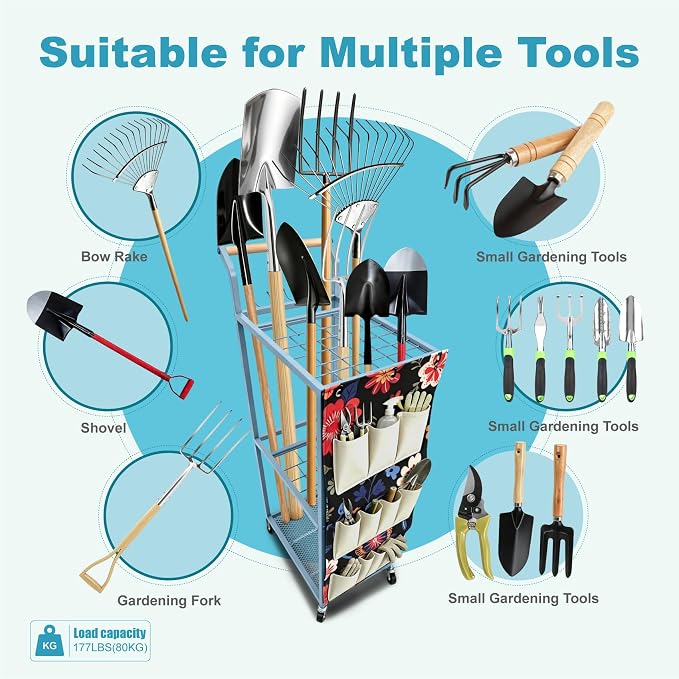 Garden Tool Organizer with Wheels 3 Tier Yard Tool Organizer Rack with Side Storage Pockets Sturdy Metal Steel Holder with 6 Hooks for Garage, Yard, Patio, Shed