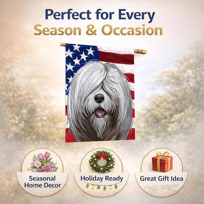 Caroline's Treasures CK6716CHF South Russian Ovcharka Dog American Flag House Flag Large Porch Sleeve Pole Decorative Outside Yard Banner Artwork Wall Hanging, Polyester, House Size, Multicolor