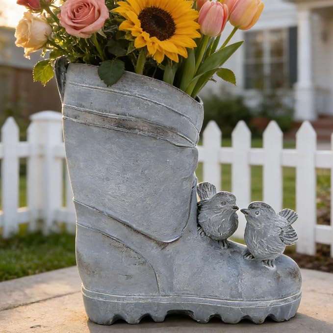 Funny Plant Pots Indoor Outdoor Cement Rain Boot Shaped Planter with Birds Decorative Pot for Flower Succulent Cute Fun Planters Garden Porch Patio Farm Decor Gift for Women