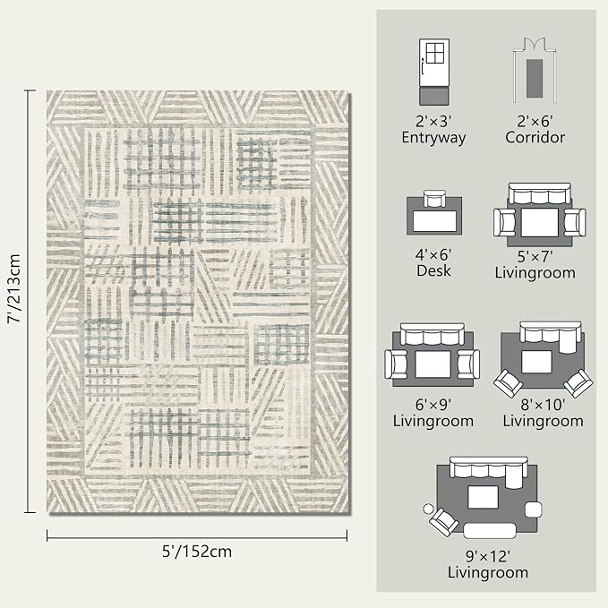 Area Rug 5x7 Abstract Geometric Textured Brushstroke - Neutral Gray & Light Blue Modern Minimalist Area Rug, Decorative Carpet for Living Room Bedroom Home Decor