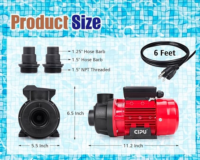 CIPU 1/4 HP Above Ground Pool Pump, 2220 GPH Pool Filter Pump Replacement with Hose Adapters, 115V Self-Priming Swimming Pool Pump for Sand Filter Systems and Frame Pools