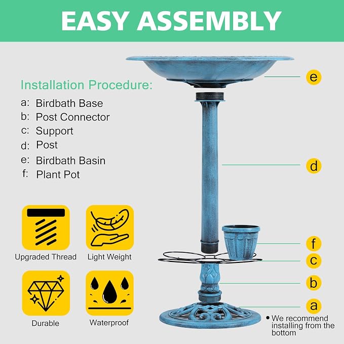 Bird Bath for Outside with 4 Removable Flower Planters 28in Polyresin Lightweight Vintage Birdbath for Outdoors Stake Standing Bowl and Water Feeder Yard Garden Decor Blue
