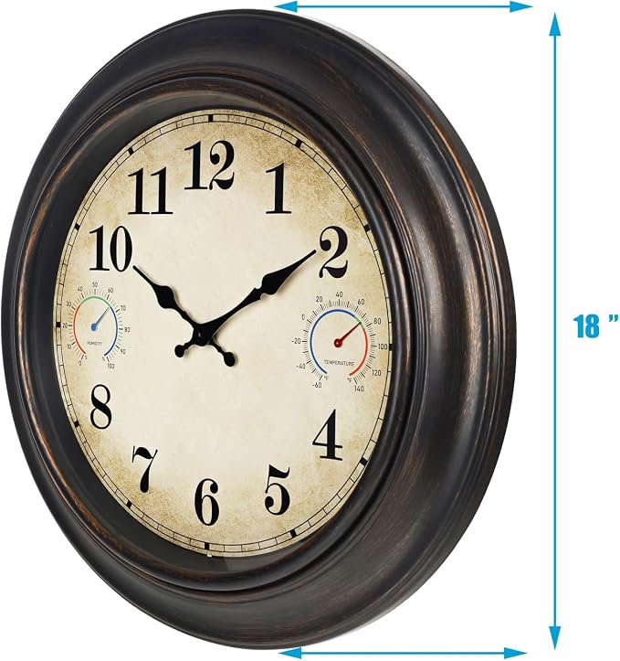 Large Outdoor Clock Waterproof with Thermometer & Hygrometer- 18 Inch Retro Bronze Indoor Outdoor Wall Clocks for Patio Pool Garden Farmhouse Decor, Silent Battery Operated