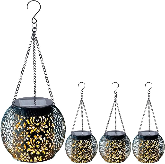 Solar Lanterns Outdoor Waterproof, 4 Pack Hanging Solar Lights Outside Garden Decor, Gifts for Women Mom Grandma Metal Decorative Lantern for Patio Yard Porch Balcony Backyard Lawn