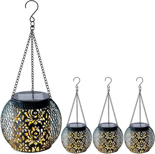 Solar Lanterns Outdoor Waterproof, 4 Pack Hanging Solar Lights Outside Garden Decor, Gifts for Women Mom Grandma Metal Decorative Lantern for Patio Yard Porch Balcony Backyard Lawn