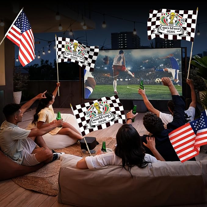 American Flags on Stick, 12x18 Inch 50 Pack Handheld US Stick Flags with Adjustable Pole, Safe Round Spear Top Small American Hand Flags for Sports Events & Holiday Celebrations