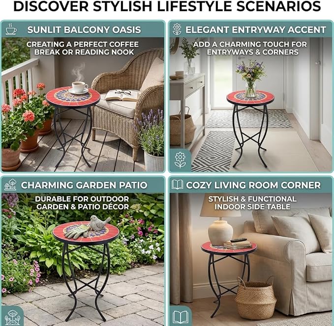 Mosaic Outdoor Side Table Small Round Patio Table Plant Stand | 21" Accent End Table with 14" Ceramic Tile Top for Small Spaces Porch Pool Garden Decor Indoor Living Room Bedroom Balcony