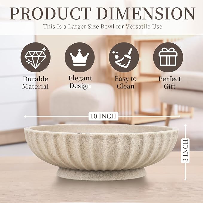 Deobath Large Decorative Bowl - Fruit Bowl for Kitchen Counter - Modern Decorative Bowl for Home Decor,Key Bowl for Entryway Table - Artificial Stone Beige