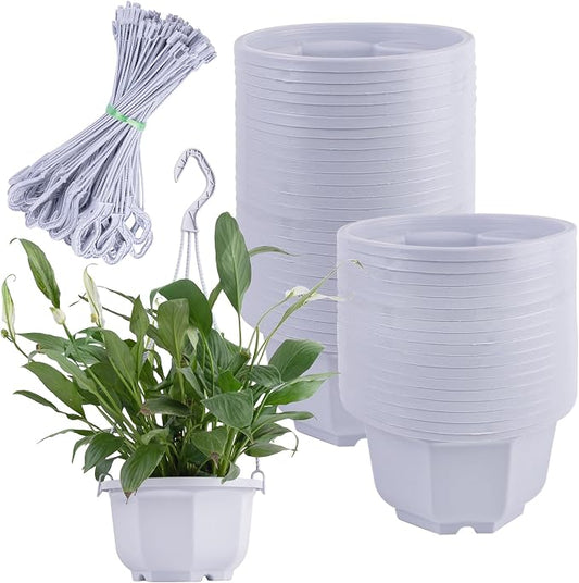 AUEAR, 50 Pack Plastic Plant Hangers Hanging Flower Planter Containers with Drainage Holes and Hooks for Outdoor Indoor White