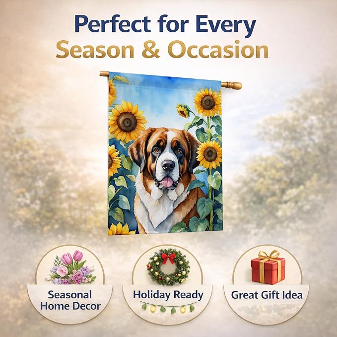 Caroline's Treasures DAC6151CHF Saint Bernard in Sunflowers House Flag Large Porch Sleeve Pole Decorative Outside Yard Banner Artwork Wall Hanging, Polyester, House Size, Multicolor