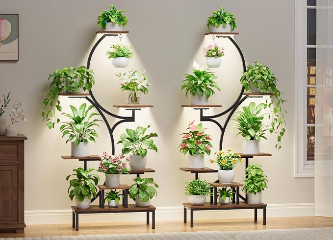 Plant Stand Indoor with Grow Lights - 7-Tier Indoor Plant Shelf with Elevated Base & Hanging Hook, 63" Corner Plants Stands for Multiple Plant Sizes, Multi-Tiered Lighted Rack for Living Room, Black