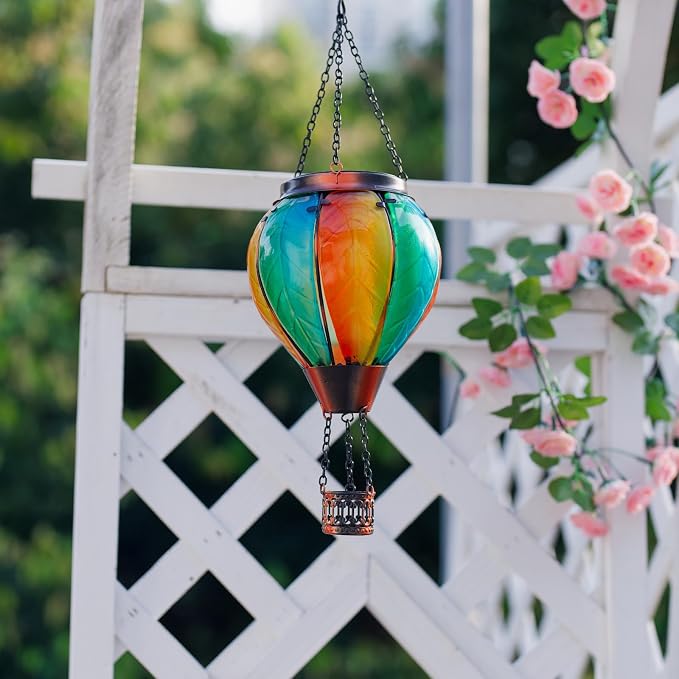 Hanging Solar Hot Air Balloon Lantern with Flame, Glass Hot Air Balloon Solar Lantern Outdoor Waterproof, Solar Powered Hot Air Balloon Lantern Decorative for Outside Garden Yard (Orange)