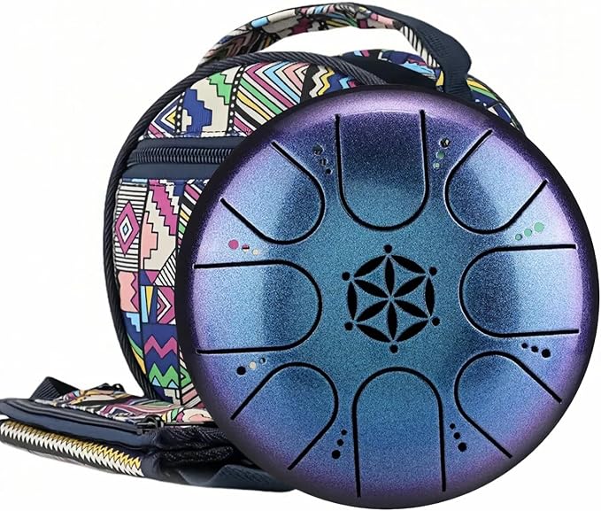 Rain Drum for Outside Garden, Steel Tongue Drum with Carry Bag, 5 Inch 8 Note Handpan Tank Drum Kit, C Major, Blue