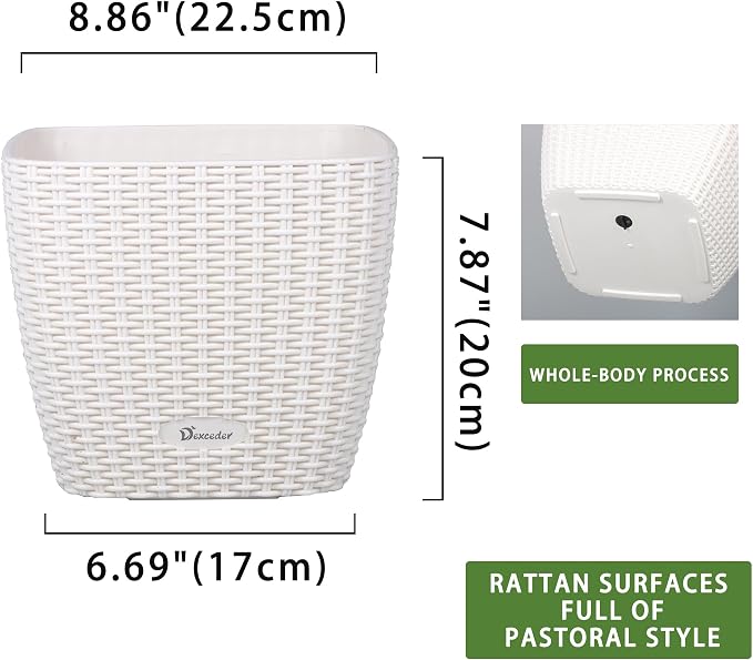 Dexceder 9x8 Self Watering Planter (Ivory White Rattan) | Inner Mat Design, Thickened Table Flower Plant Pot with Water Level Indicator Indoor Outdoor