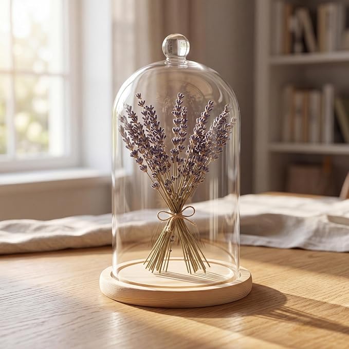 Lyellfe 2 Pack Cloche Glass Dome, 8'' x 5'' Dome Cloche with Rustic Wooden Base, Glass Cloche Bell Jar Display for Plants, Fairy Lights or Table Decor