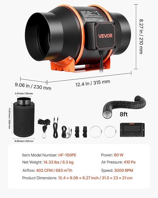 VEVOR Inline Duct Fan Kit Carbon Filter, 402 CFM 6 inch EC Motor Exhaust Ventilation Fan with 10-Speed, PWM Controller, App Control, Timer, Cooling System for Grow Tent, Indoor Gardening, Hydroponics