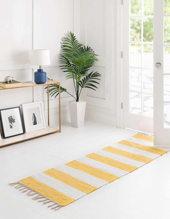 Unique Loom Chindi Rag Collection Area Rug - Striped (2' 2" x 6' 1" Runner, Yellow and Ivory)